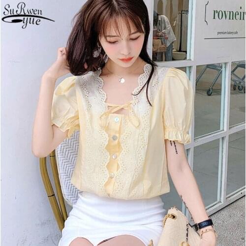 Fashion Hollow Out Square Collar Summer Women Blouse 2021 Sweet Backless Top Lace-up Casual Puff Short Sleeve White Blusas 10046