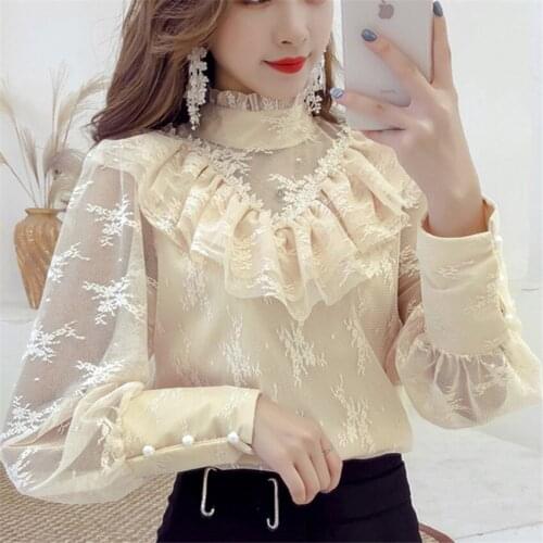 2019 Spring Slim Women Lace Blouse Sweety Girl Mesh Shirt Spring Lantern Sleeve Turtleneck Blousas Basic Tops Bottomings WZ718