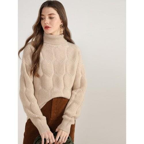 6 ply winter fashion 100% cashmere turtleneck sweater woman cable knitted long sleeve pullovers oversized stylish female jumper