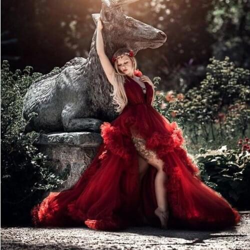 Pretty Wine Red Ruched Tulle Asymmetrical Prom Gowns 3D Flower Puffy Tulle Women Dresses V-neck Sexy Bridal Party Dress