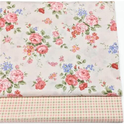 50x160cm ZYOKRA Pink Blooming Rose Flower & Pink Green Check Printed Pure Trill Floral Cotton Fabric Patchwork Baby Cloth Beddin