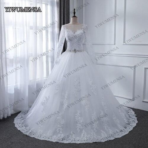 WD90 Ball Gown Wedding Dress With Beading Wasit See Through Back White Tulle Bride Dresses Custom Made Sweep Train Lace Gowns