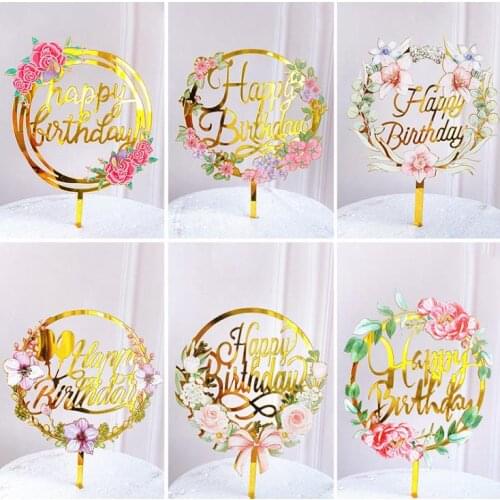 Colored flowers Happy Birthday Cake Topper Golden Acrylic Birthday party Dessert decoration for Baby shower Baking supplies SN
