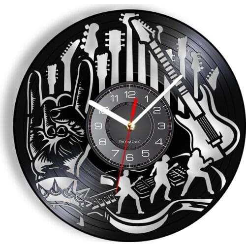 Guitar Band Decorative Wall Clock Musical Instrument Guitars Rock N Rock Gesture Longplay Record Wall Watch Gift For Guitists