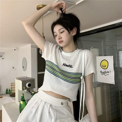 Summer new style retro slim round neck pullover short-sleeved striped color-blocking knitted top T-shirt