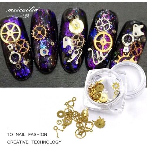 Meicailin 1 Jar Nail Art Decorations 1 Box New 3D Ultra-thin Punk Style Studs Gold Steam Machine Gear DIY Nails Rhinestones