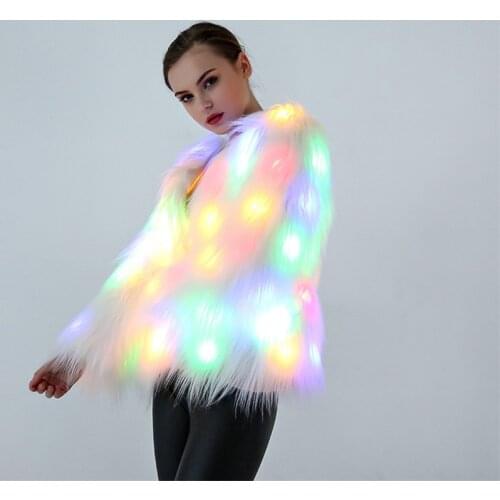Cute Fuzzy Fluffy Light Up Led Faux Fur Jacket for Women Kawaii Girls Rave Party Colorful Neon Light Up Costume Plus Size