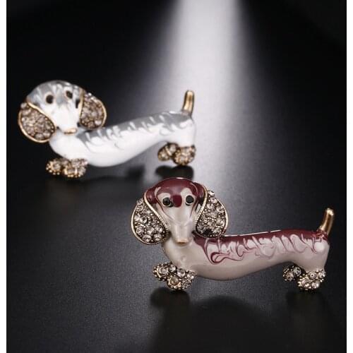 Cute Dachshund Dog Enamel Brooch Pin Shiny Rhinestone Animals Shape Collar Broaches For Women Men Kids Jewelry Accessories