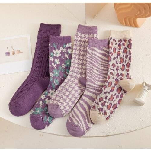 Purple Flowers Houndstooth Design Fashion Keep warm stripe Tube Socks Japanese College Style Retro Type geometry Womens Socks