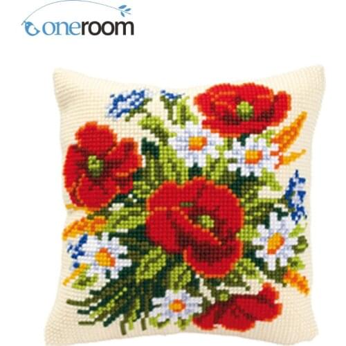 Four poppy DIY Kit Unfinished Acrylic Yarn Embroidery Pillow Tapestry Canvas Cushion Front Cross Stitch Pillowcase