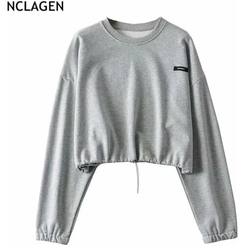 NCLAGEN 2020 Letter Label Long Sleeve Loose Casual Sweatshirt Women Autumn Fashion Drawstring Pullovers Streetwear Brief Top