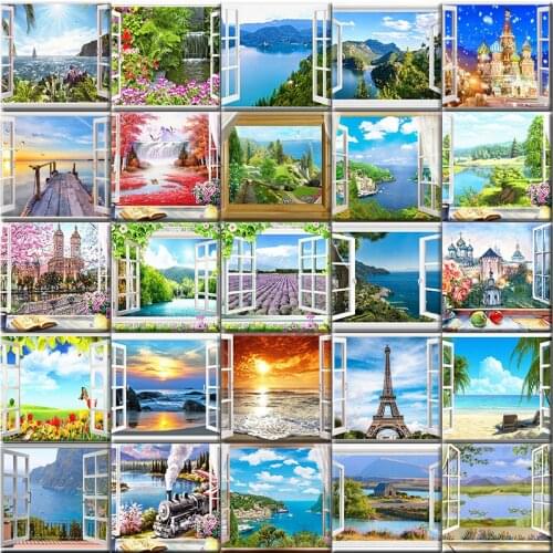 Window Landscape Paint By Numbers Set Oil Painting For Adult Diy Kits Canvas Frame Picture Drawing Coloring By Numbers Decor Art