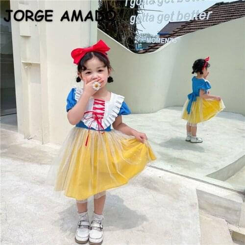 2021 Korean Style New Summer Kids Girls Dress Blue Yellow Patchwork Red Ribbon Princess Dress Cute Style Children Clothes E3042