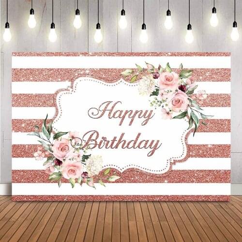 Rose Gold Glitter Birthday Backdrop for Photography Studio Floral Womens Birthday Photo Background Studio Happy Birthday Props