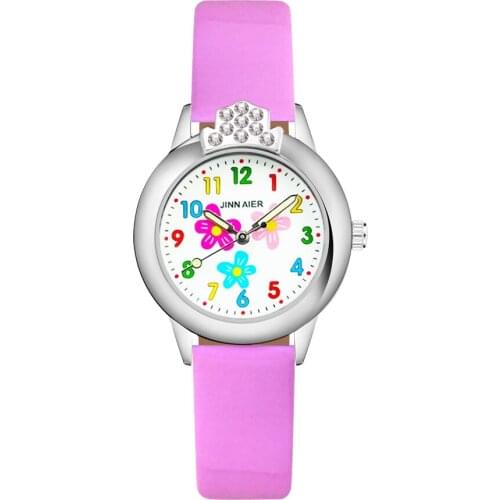 Cartoon Flower Crystal style Childrens Watches Kids Student Girls Quartz Leather strap Wrist Watch Clock JK32