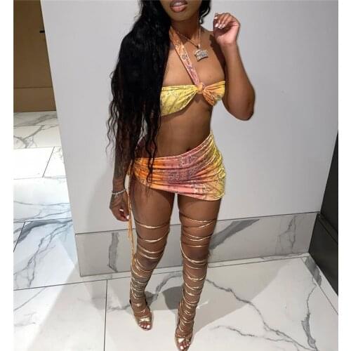 Drawstring Print Criss-Cross 2pcs/set Women Suits Backless Bandage Halter Tube Tops Cropped Asymmetrical Hem Skirts