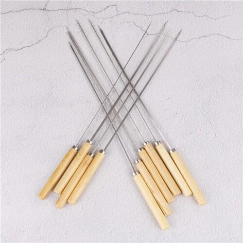 10PCS/lot BBQ Skewers Handle With Handle 35CM Barbecue Needle Wood Stainless Steel Flattened Rounded Sign Optional Meat