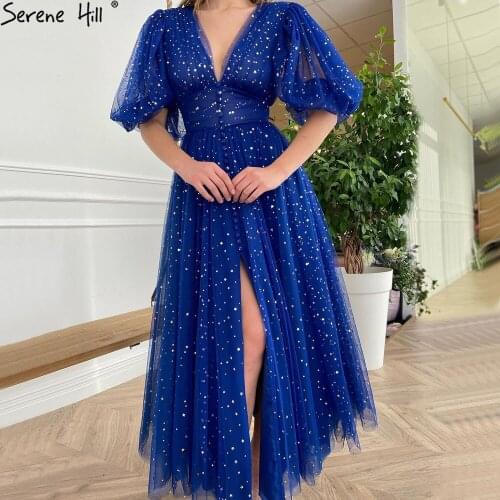 Serene Hill Blue Bling Sexy Deep V-Neck Woman Evening Dresses 2021 Half Lantern Sleeves Split Party Wear Gowns DLA70861