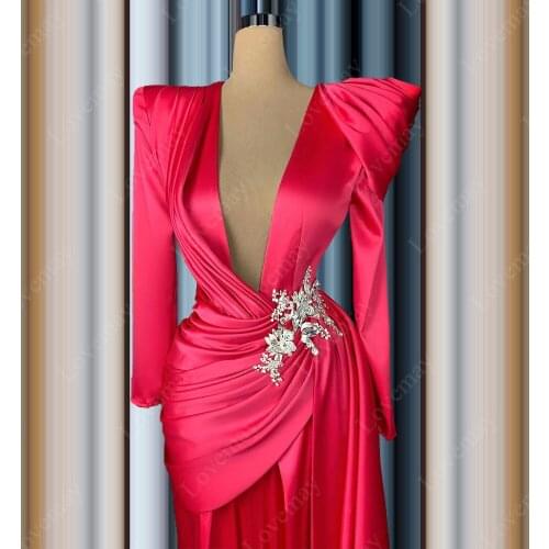 Sexy Dubai Fuchsia Evening Dresses Mermaid Long Sleeves Formal Prom Dresses Muslim Party Dresses Wedding Party Dresses