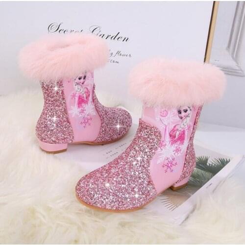 Disney New Elsa Mid-calf Boots For Girls Autumn Winter Warm Children Sequins Snow Shoes Frozen Boots With Mid-heeled Elsa Shoes