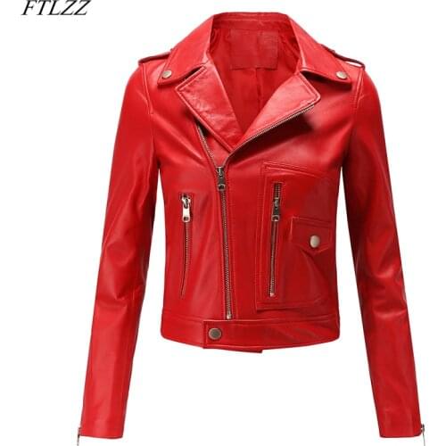FTLZZ Women Motorcycle Pu Leather Jacket Winter And Spring Black Red Faux Leather Coat Turn Down Collor Lady Outerwear