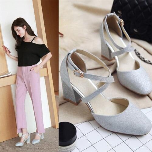 2020 Spring High Heels Shoes Woman Designer Brand Block Heel Ladies Shoes Bling Sequins Wedding Shoes Bridal Gold Silver