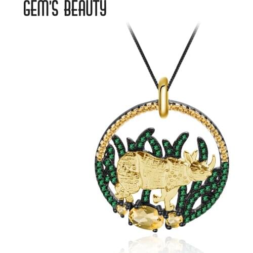 GEMS BEAUTY 925 Sterling Silver 18K Gold Filling Rhinoceros Necklace Natural Citrine Handmade Necklace For Women Romantic Gift
