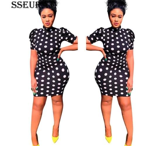 SSEURAT Women Mini Dress Dot Print Short Puff Sleeve Half High Collar Back Hollow Out Sheath Elastic Dresses