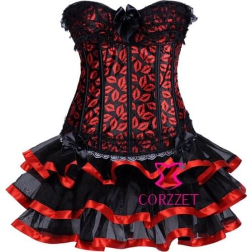 Red Lip Pattern Sexy Waist Trainer Corset Dress Women 2 Pcs Gothic Clothing Set Corsets Espartilho E Corselets With Tutu Skirt