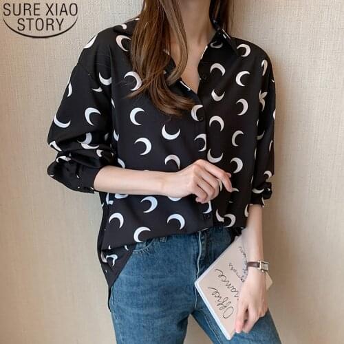 White Long Sleeve Shirts 2021 New Women Print Shirts Autumn Korean Loose Fashion Turn-down Collar Womens Tops and Blouses 10428