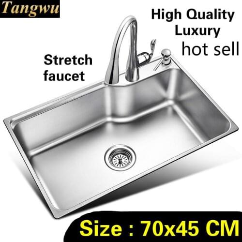 Free shipping Apartment luxury stretch faucet wash vegetables kitchen single trough sink durable 304 stainless steel 70x45 CM