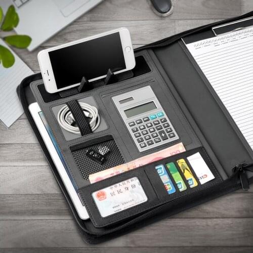 Business PU leather file folder A4 manager bag for documents padfolio with zipper ring binder ipad mobile cellphone stand rack