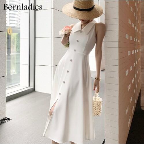 Bornladies French Peter Pan Collar Dress Women 2021 Summer Sleeveless Button A-line Dress Elegant Office Ladies Slim Dress