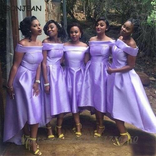 2021 Lavender South African Bridesmaid Dresses Hi-Low Off-the-Shoulder Tea-Length Black Girls Bridesmaid Dress Party Dress
