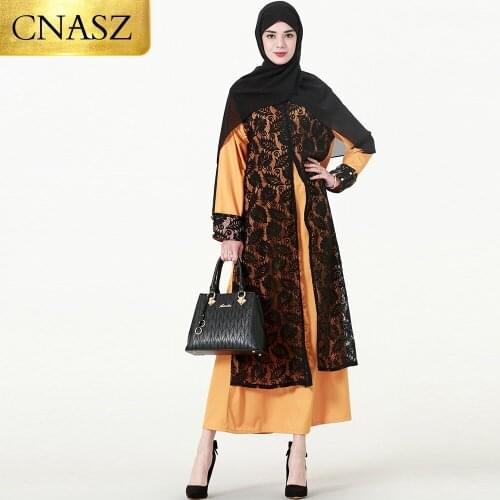 Black Elegant Arabian Black Lace Cuff Long Sleeve Yellow African Dresses For Women Dress Abaya Muslim