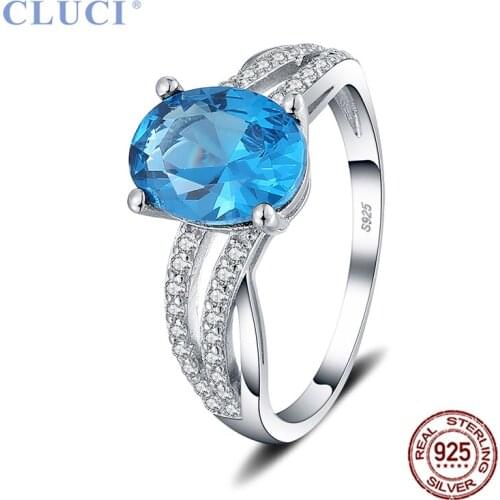 CLUCI Luxury 100% Real 925 Sterling Silver White Blue Oval Cubic Zircon Finger Rings for Women Wedding Jewelry Gifts DR1051SB