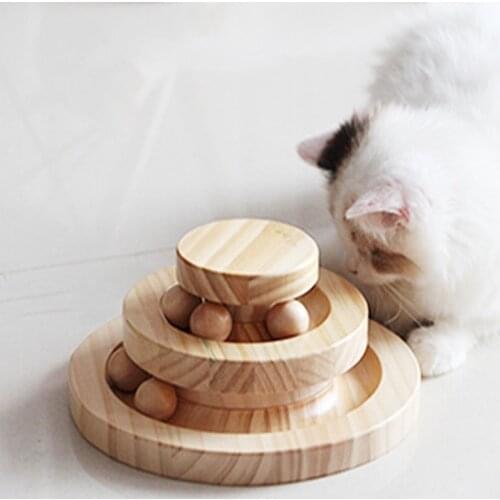 Wooden 2/3 Levels Pet Cat Toy Tower Tracks Disc Cat Intelligence Amusement Triple Play Disc Cat Toys Ball Training Toys