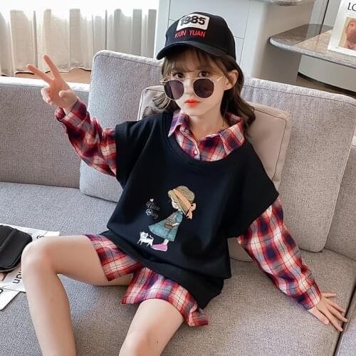 Kids Girls Hoodie Dress 8 6 10 12 Years Cartoon Print Patchwork Tops 2021 Spring Autumn Long Sleeve Fake Two Casual Clothing
