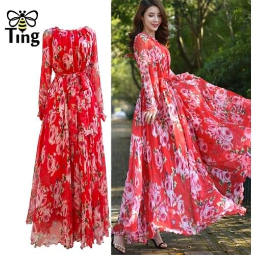 Tingfly Designer Floral High Quality Rose Floral Summer Bohemian Silky Chiffon Maxi Long Dress Women Boho Holiday Party Vestidos