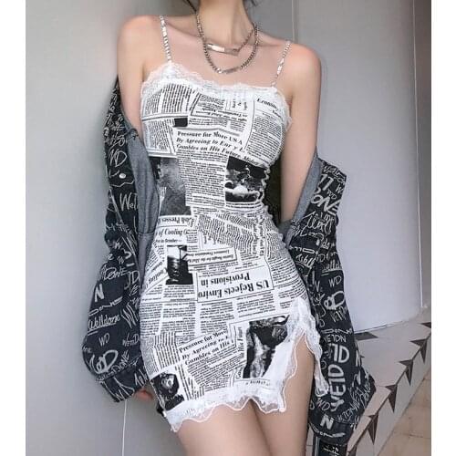 Gothic Lace Trim Summer Dress Harajuku Punk Sexy Sleevless White Party Dress Streetwear Vintage Newpaper Print Mini Dress