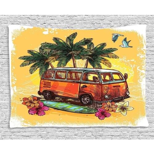 Hippie Classic Old Bus With Surfboard Freedom Holiday Exotic Life Sketchy Art Wide Wall Hanging For Bedroom Living Room