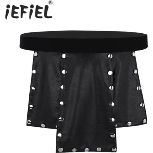 Mens Novelty Soft 6 Panel Faux Leather Low Rise Metal Studded Kilt Briefs Lingerie Gay Underwear Skirt for Costumes