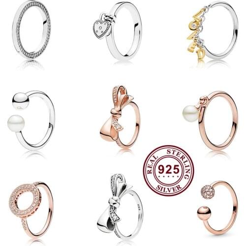 925 кольцо Silver Color Pan Ring Charms Rose Gold Bow Diy Heart Gold Letter Loved Crystal Finger Ring Women Party Jewelry