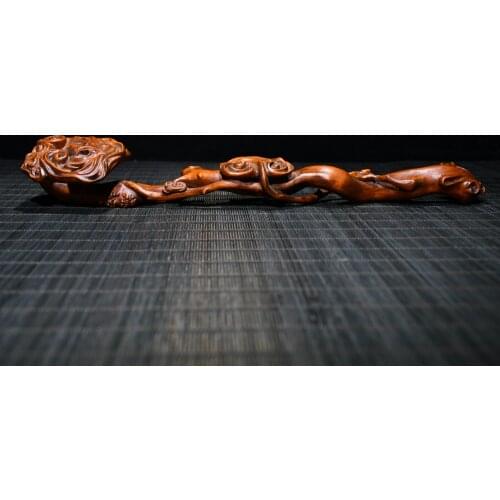 12"Chinese temple collection Old Boxwood Ganoderma lucidum Wishful Tree vine Fushou Ruyi Office Ornaments Town House Exorcism