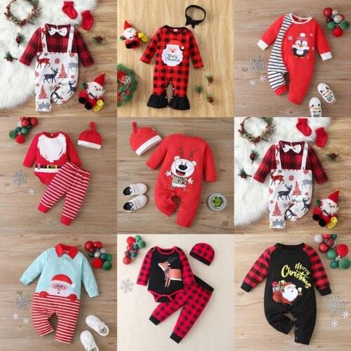 Christmas Winter Baby Boy Clothes Cotton Letter Santa Claus Patchwork Plaid Long Sleeve Baby Bodysuit Baby Girl Clothes 0-18M