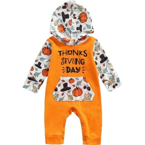 OPPERIAYA Halloween Thanksgiving Day Jumpsuit Cartoon Print Hooded Long Sleeves Romper for Toddler Baby Girls Boys 0-24 Months