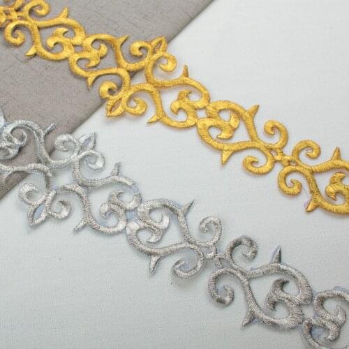 SASKIA 5Yards Gold Silver Embroidered Lace Cosplay Costume Braid Appliqued African Lace Iron on Ribbon Accessory Diy 7.5cm Wide