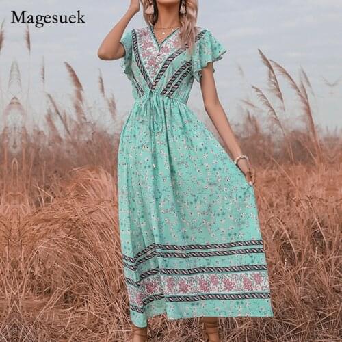 Summer Chiffon V-neck Floral Flare Sleeve Elastic Dress for Women 2021 New Women Maxi Dress Casual Long Dress Vestido 14627
