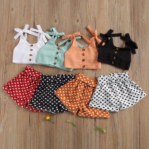Summer Lovely Infant Kids Girls Clothes Set Sleeveless Belt Button Tops Love Heart Print Shorts Valentines Day Outfits
