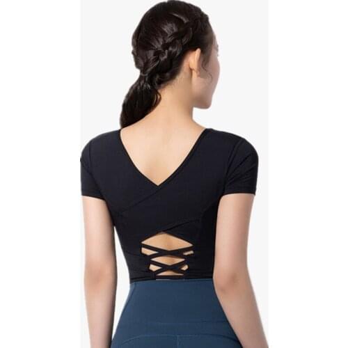 Summer New Beautiful Back Cross Sports Yoga Shirt With Chest Pad Women Slim Breathable Outdoor Running Riding Short-Sleeve Top